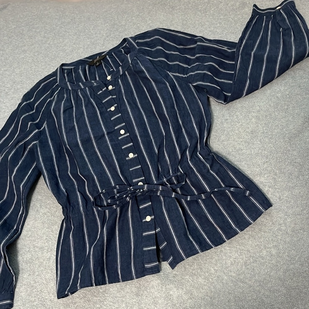 J. Crew Linen Top Size 2 Striped Button Peplum Coastal Preppy Summer
